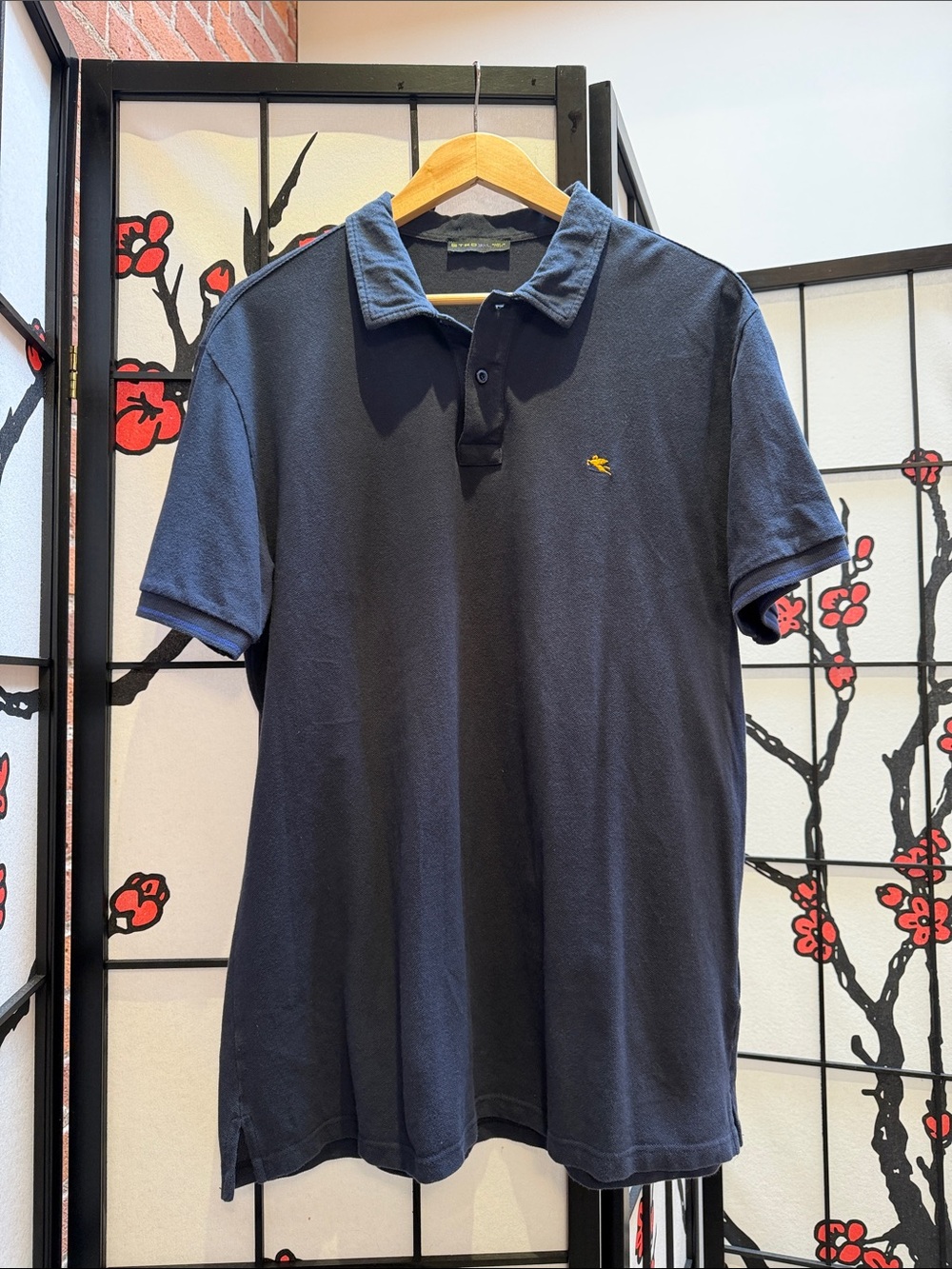 Etro Men's Dark Navy Polo with Small Yellow Logo